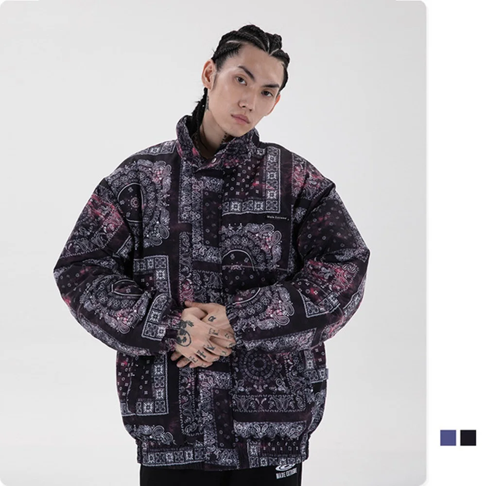 

Harajuku Winter Warm New Parkas Coat Men 2021 Vintage Cashew Flower Print Male Bubble Coat Oversized Outwear Men