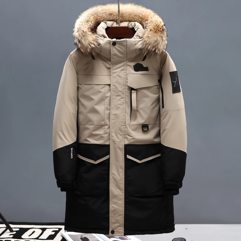 

Brand High Quality Nature Fur Collar Long Down Jacket Men/Women Windproof Thick Russia Winter Jacket for Men Overcoat -30 Degree