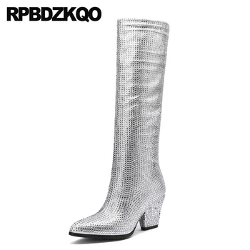 

diamond size 41 chunky big pointed toe bling brand sparkly high heel silver designer shoes women luxury 2019 knee sexy boots