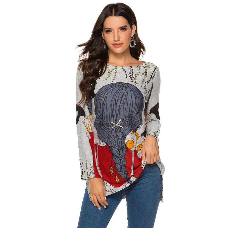 

New cute cartoon print shirt female round neck knit shirts top long sleeve bottoming shirt women drop shipping