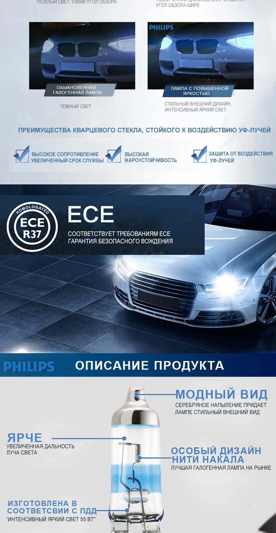 Philips лампа для автомобильных фар для H1 12258SPC1автомобиль Дальний свет Ближний свет долговечный освещение примерка