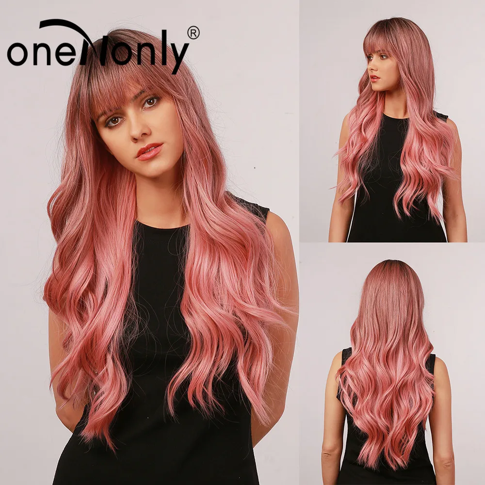 Synthetic Wigs Bangs Heat-Resistant Brown Body-Wave Pink Women Cosplay Ombre Long Onenonly