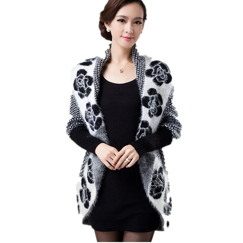 

Spring Autumn Women Korean Fashion Flower Mohair Knit Shawl Cardigan Sweater Jacket Medium Long Sweaters Plus Size 3XL OK293