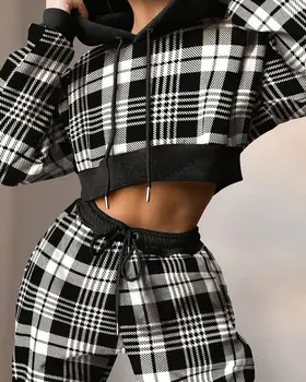 

STYLISH Lady Plaid Printed 2 Piece Set 2020 Summer Women Long Sleeve Hooded Crop Top and Long Pants Casual Sporty Tracksuits