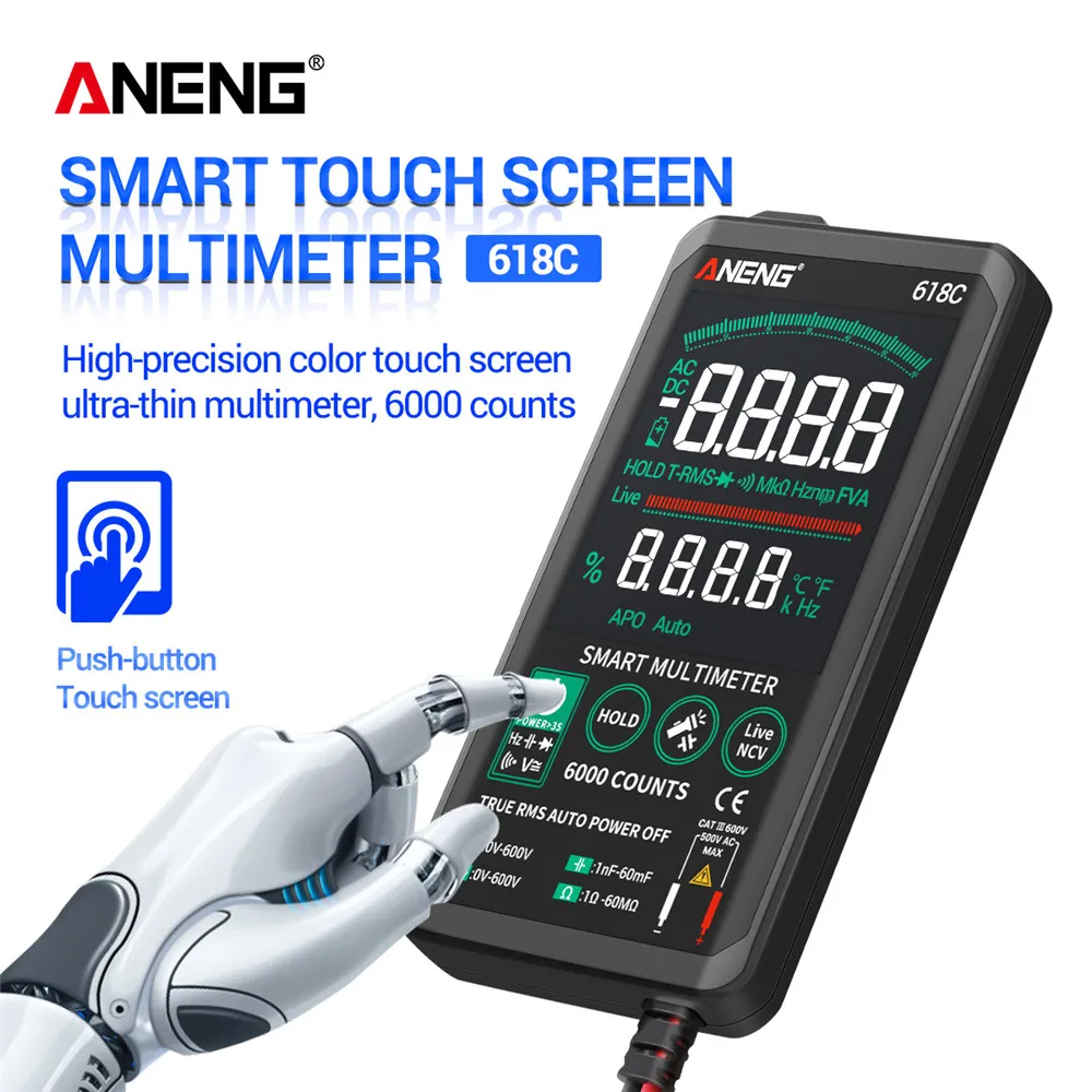 ANENG 618C Digital Multimeter Smart Touch Screen DC Analog Bar True RMS Tester 6000counts Transistor Capacitor NCV Testers Meter