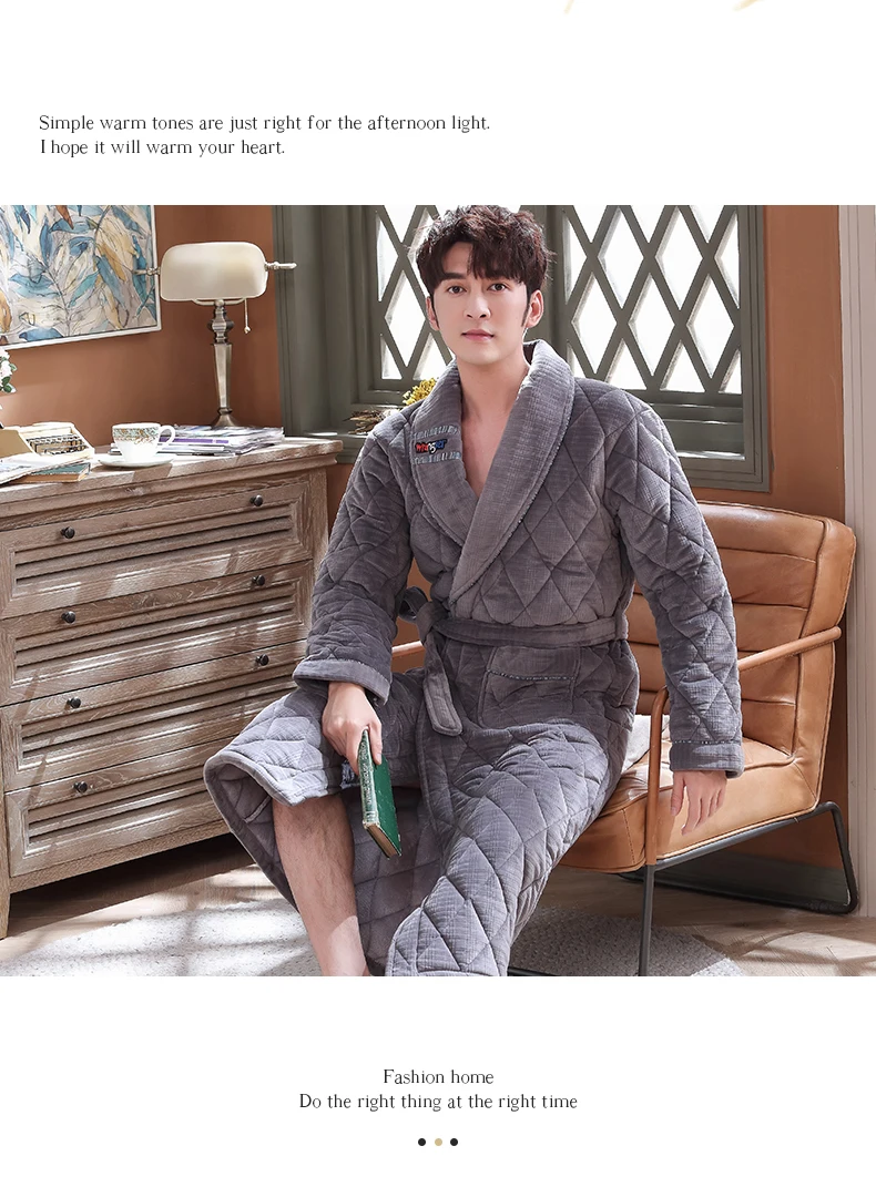 Men's Winter Warm Robes Thick Lengthened Flannel Quilted Shawl Bathrobe Kimono Home Clothes Long Sleeve Robe Coat peignoir homme