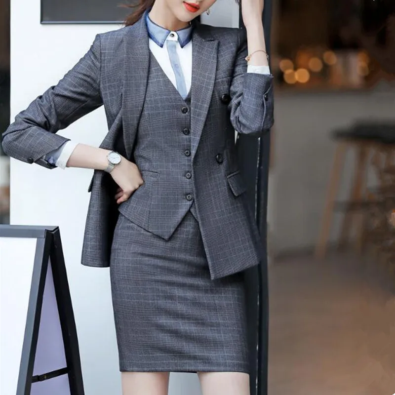 Mini Rok Past Vrouwen Double Breasted Plaid Blazer Jacket Vest 3 Delige Set Zakelijke Formele Werk Kantoor Dames Dragen