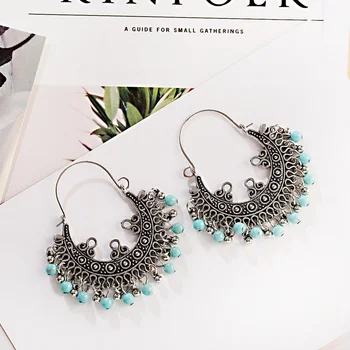 

Bohemian Ethnic Alloy Geometric Blue Beads Tassel Indian Jhumka Earrings For Women Earing kolczyki boucles d oreille femme 2019