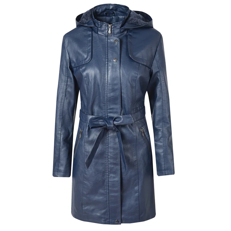 Пальто женское осенне зимнее с капюшоном из искусственной кожи длинным