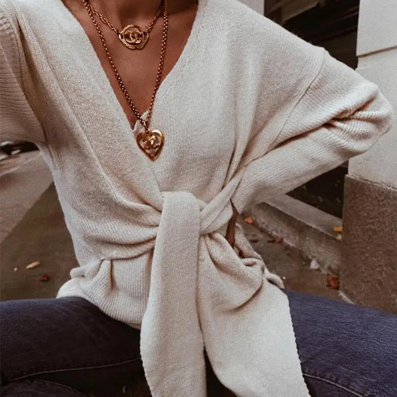 

Misswim Casual v neck knitted sweater women 2019 Autumn winter Bow tie jumpers mujer Elegant loose pullover Warm knitwear new