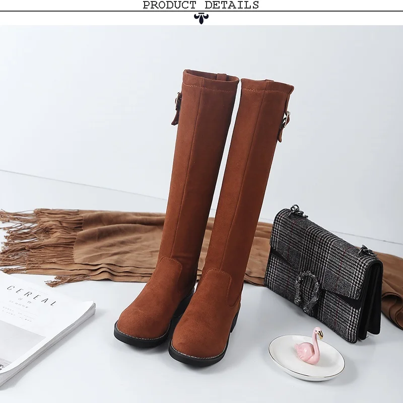 EGONERY winter new concise knee high boots outside comfortable mid heels round toe flock women shoes drop shipping size 32-43