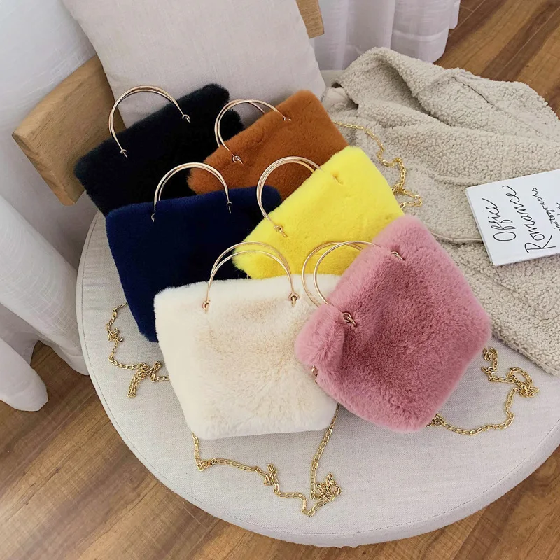 

2019 New Style Winter Plush Rabbit Fur Pillow Metal Portable Handle Shoulder WOMEN'S Bag