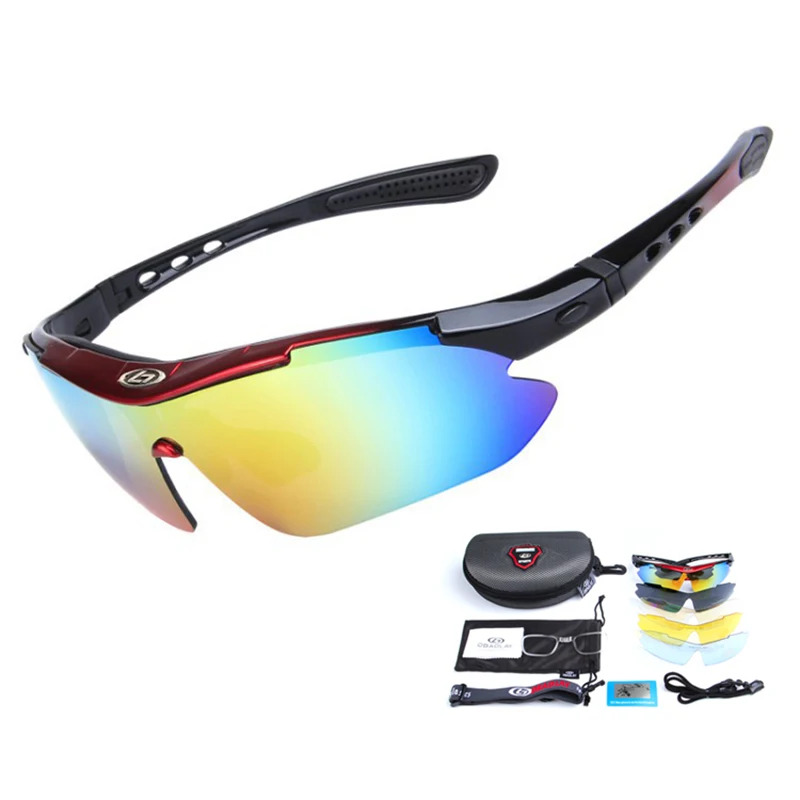 Поляризованные очки для рыбалки с 5 линзами, защита от ультрафиолетового излучения, солнцезащитные очки для рыбалки, походов, охоты, спортивные очки для велоспорта, кемпинга - Цвет: Black Red