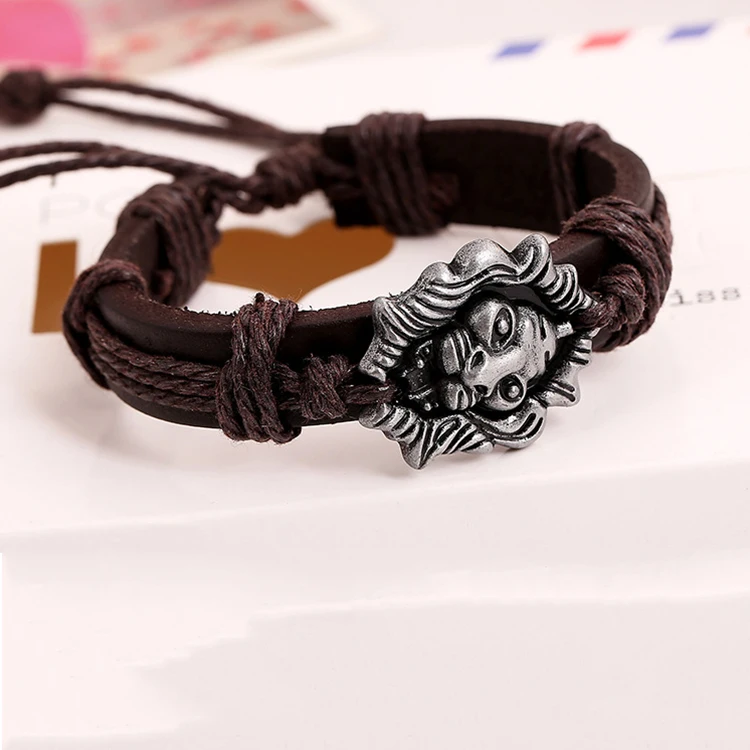 Европейский и американский популярный браслет с головой льва Выдвижной мужской кожаный браслет и женский плетеный браслет студенческий браслет
