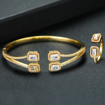 

GODKI Luxury Open Square Charms Bangle Ring Sets Jewelry Sets For Women Wedding Cubic Zircon Crystal CZ aretes de mujer modernos