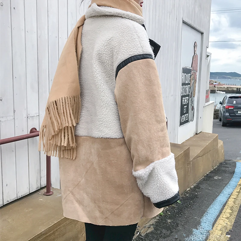 Свободные женские новые длинные шерстяные пальто из замшевой овечьей шерсти