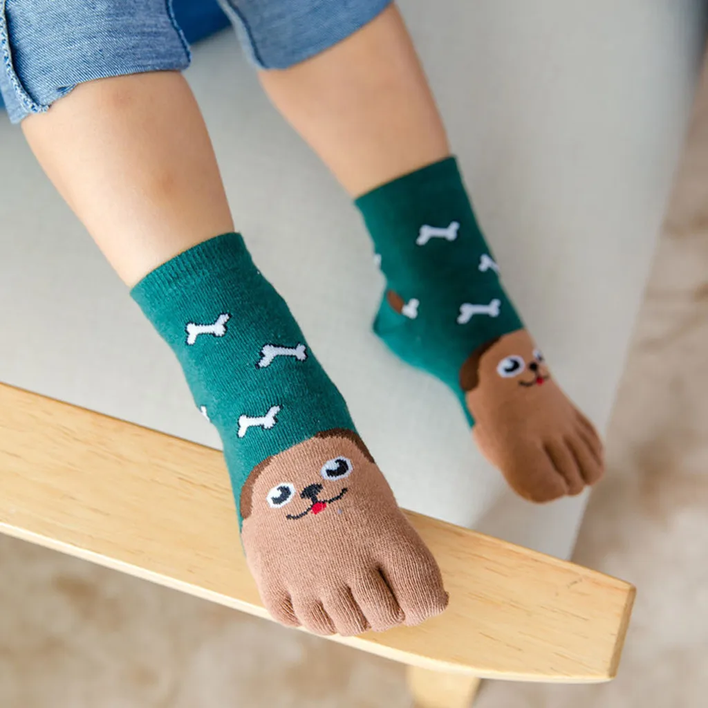 Нескользящие хлопковые носки для маленьких мальчиков и девочек с изображением животных из мультфильма «пять пальцев» Носки для малышей - Цвет: Green