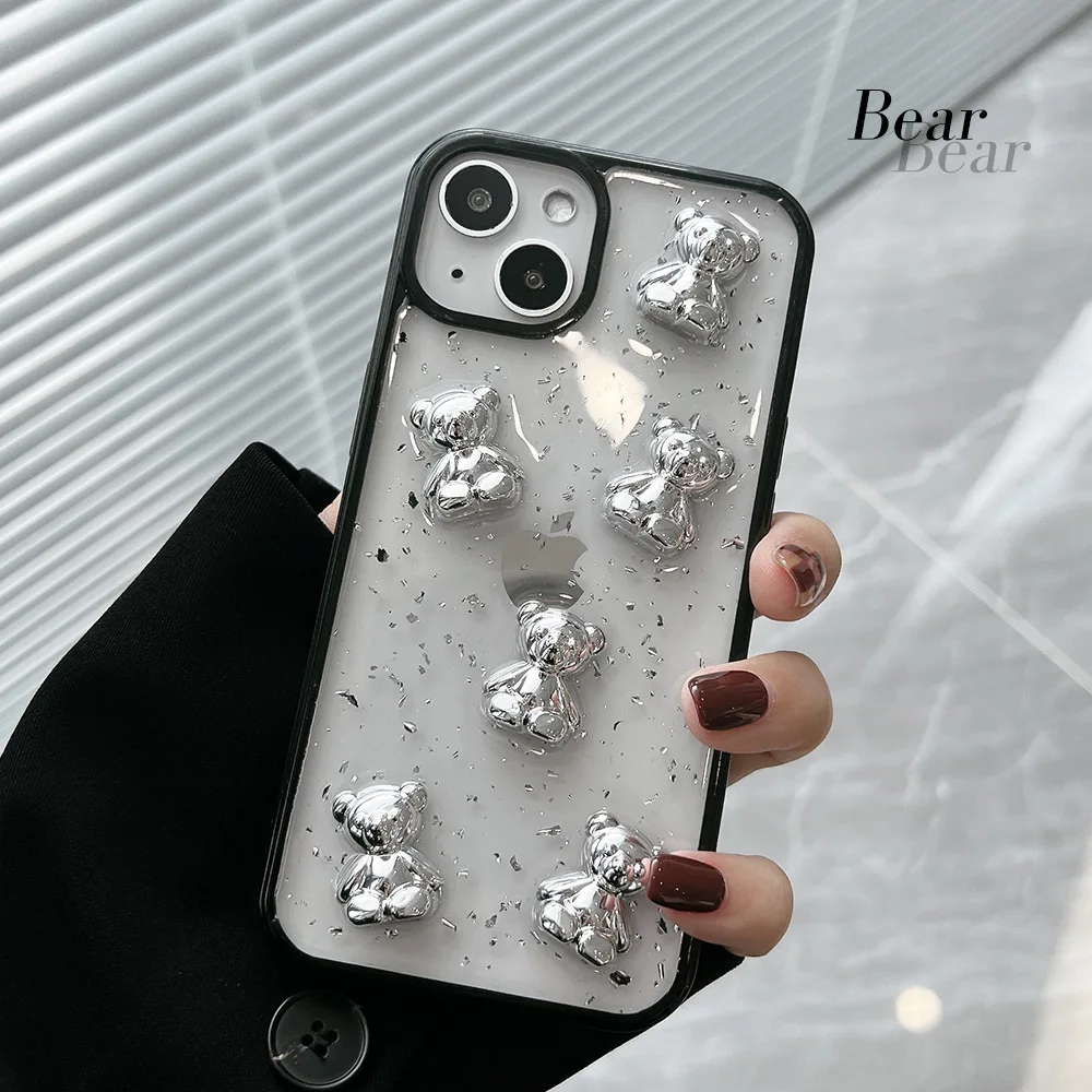 Retro kawaii silver foil bear transparent Phone Case For iPhone 13 11 12 Pro Max Xs Max XR 7 8 Plus X 7Plus case Cute Soft Cover