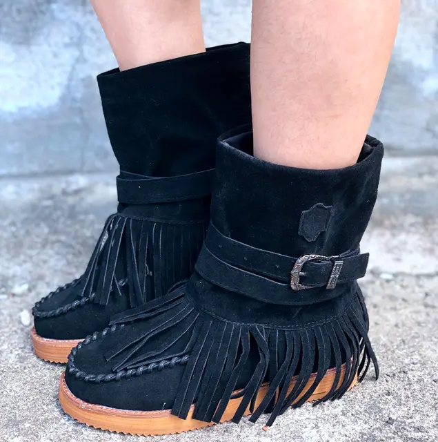 Botines de piel sintética con borlas para mujer, botines cálidos de tacón  bajo, Estilo vintage, para otoño, HP2400|Botas hasta el tobillo| -  AliExpress