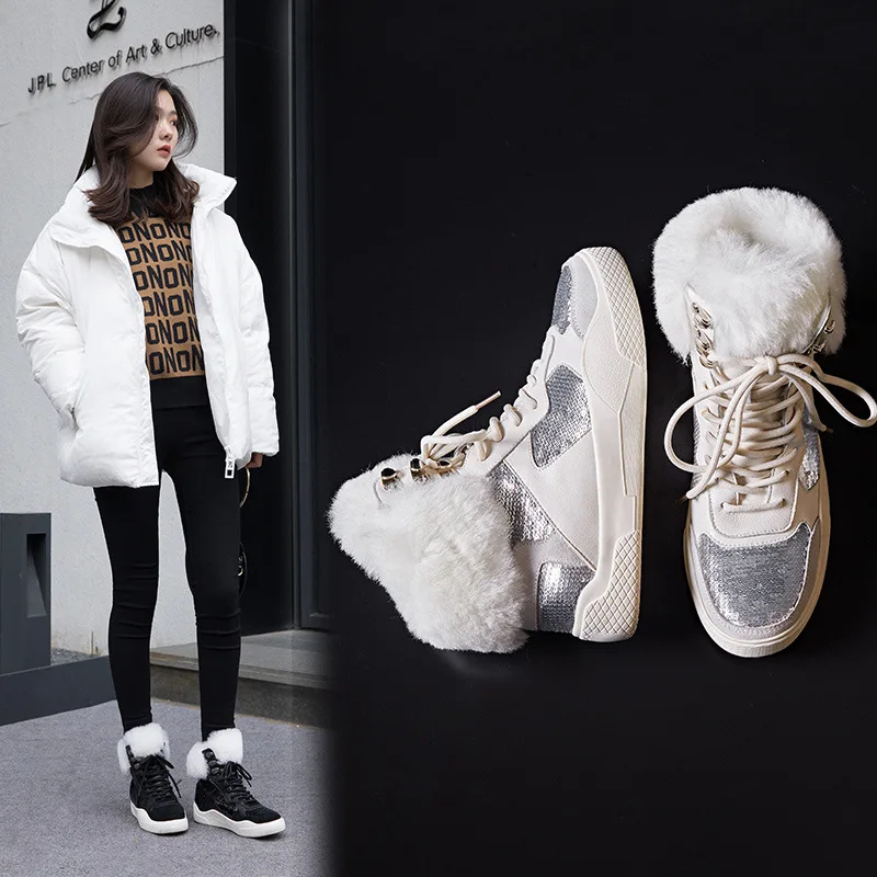 

Sheep Fur Snow Boots Sequin Leather Short Boots 2019 Autumn And Winter Warm Cotton-padded Shoes Lace-up Large Size Casual Shoes
