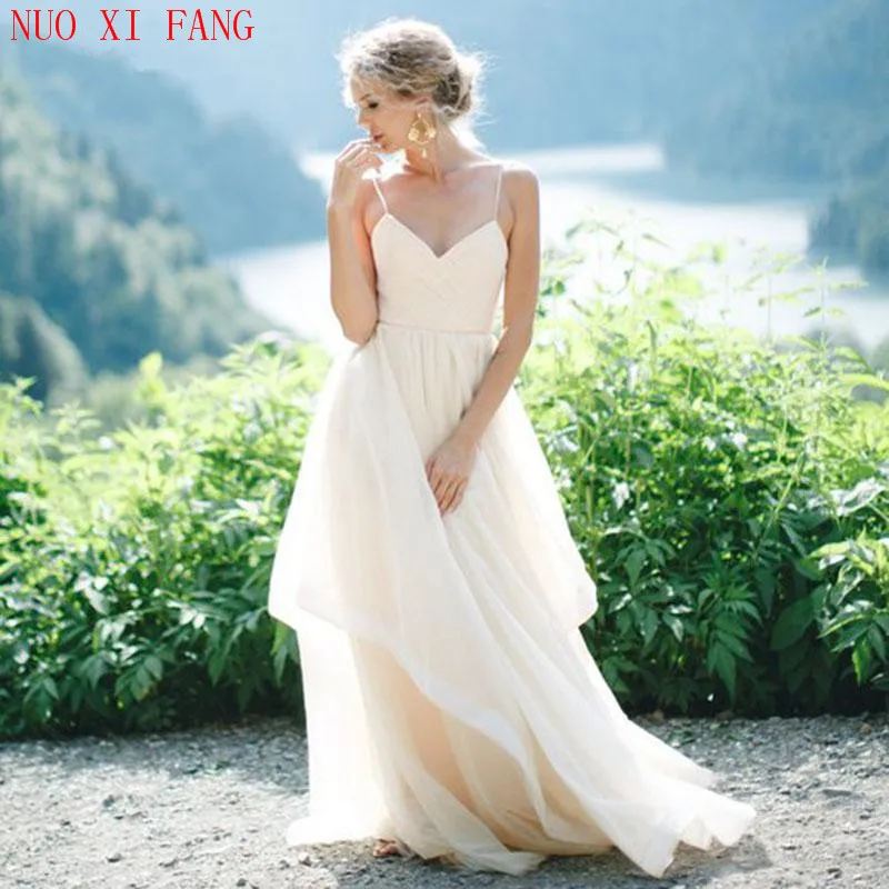 

Sexy Cheap Boho A-line Wedding Dresses Spaghetti Strap Pleats Top Tulle Backless Princess Long Wedding Gown Beach abiti da sposa