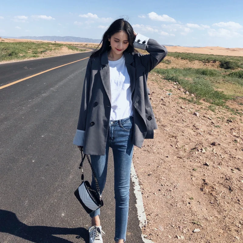 

2019 Autumn New Style CHIC Suit Jacket Women's Korean-style Students Short-height Loose Casual Retro Suit Fashion
