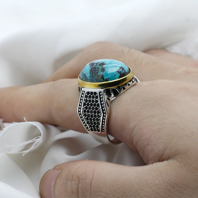 925 Sterling Silver Ring for Men with Big Turquoise Stone - Ortak Silver