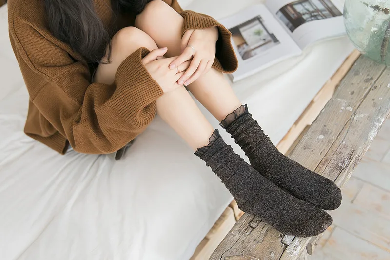 10Pairs Japanese autumn women's socks Ms lace solid color bright silk in tube socks preppy fashion silver onions socks woman