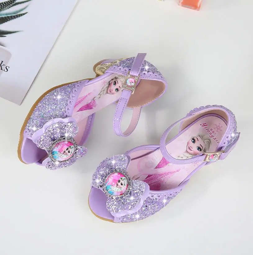 Elsa Princess Kids Leather Shoes For Girls Flower Casual Glitter Children High Heel Girls Shoes Knot Blue Pink Silver Shoes