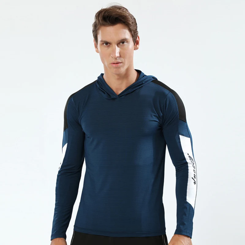 Топ для бега, для мужчин, для тренировок, с капюшоном, спортивные рубашки, быстросохнущие, для тренировок, для мужчин, для занятий фитнесом, футболка, спортивные толстовки с длинными рукавами, Джерси - Цвет: Peacock Blue
