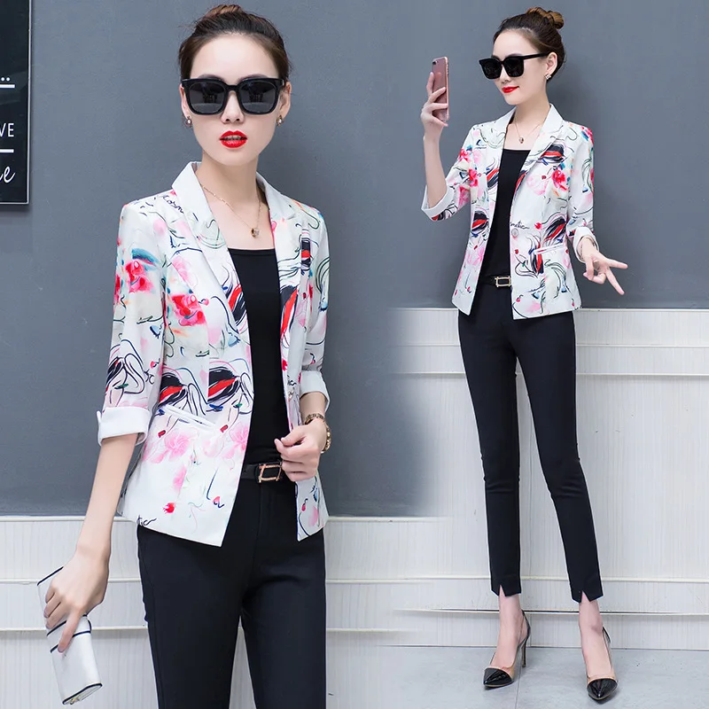 

Photo Shoot 2018 Spring And Autumn Cropped Jacket Three-quarter-length Sleeve Printed Slim Fit Slimming One-Button Small Suit
