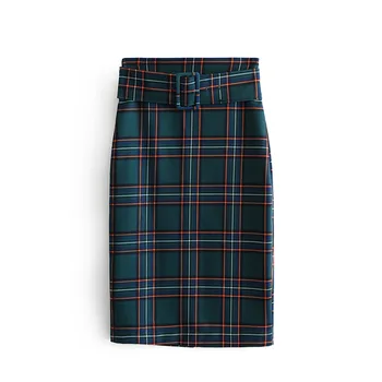 

European and American style autumn and winter women's new thickening with zaraing belt plaid straight skirt