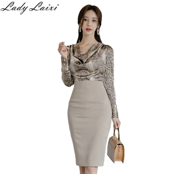 

2020 Spring Summer Elegant office OL Work Wear 2 Pieces Set Snakeskin Pattern print Blouses + Sheath Bodycon Pencil Skirt