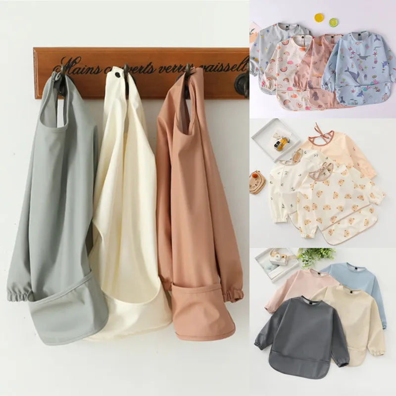 

Waterproof Cartoon Baby Bibs Newborns Baby Long Sleeve Feeding Drawing Painting Apron with Pocket Infants Smock Burp Cloths