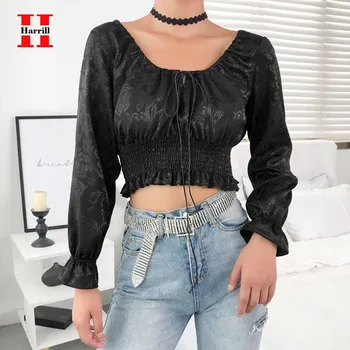

Floral Print Black Blouses Women O-Neck Bow-Tie Crop Tops Woaen Summer Ruffles Corset Blouse Women Streetwear Camisas Mujer