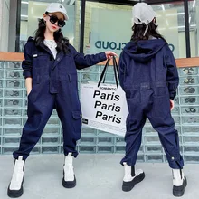 Combinaison pour filles, salopette en Denim bleu pour enfants, sweat à capuche à manches longues, salopette décontractée, tenues amples, mode printemps 2022