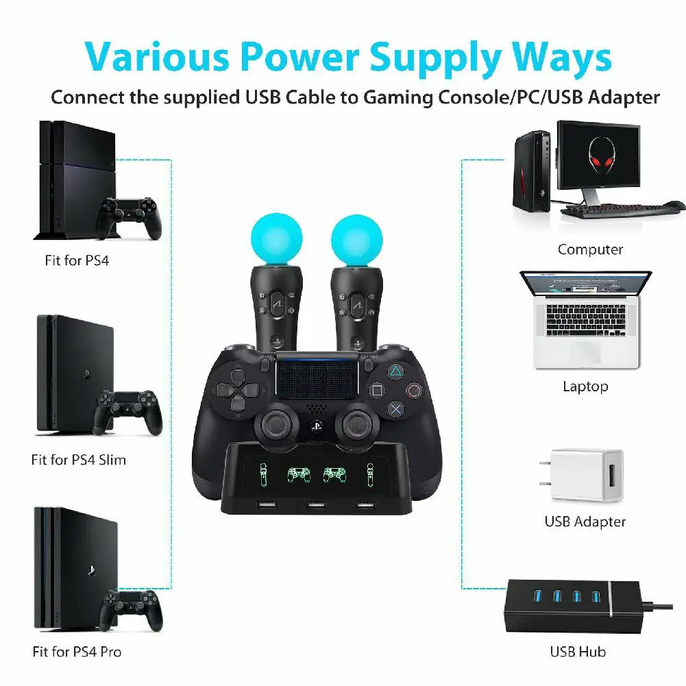 For PS4 PS Move VR PSVR Joystick Gamepads 4 in 1 Controller Charging Dock Charger Stand For PS VR Move PS 4 Games Accessories
