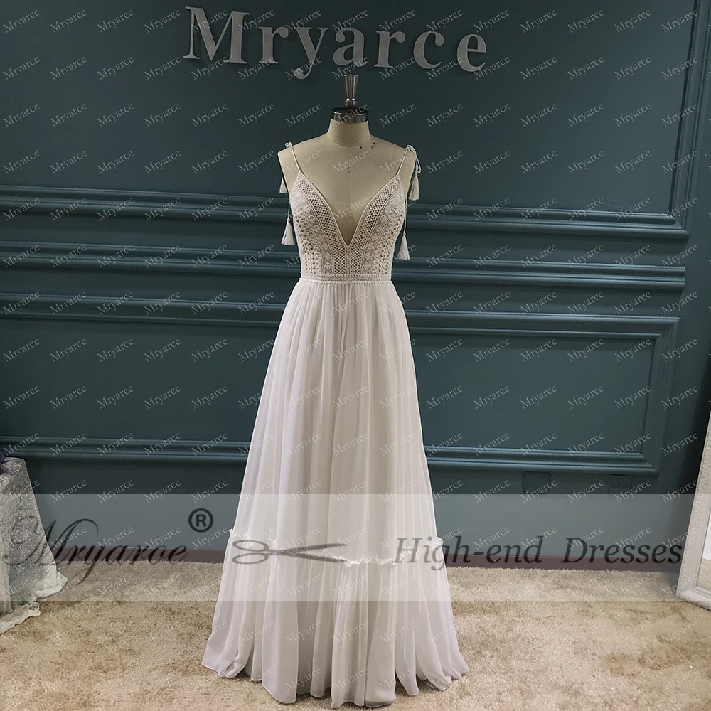 Mryarce 2020 New Boho Chic Lace Wedding Dress Open Back Flowy Chiffon Bridal Gowns  (5)