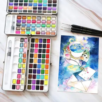 

72Color Solid Watercolor Paint Set Basis color and Pearl Metallic Watercolor Portable Tin Box Pigment for Drawing Art Supplie