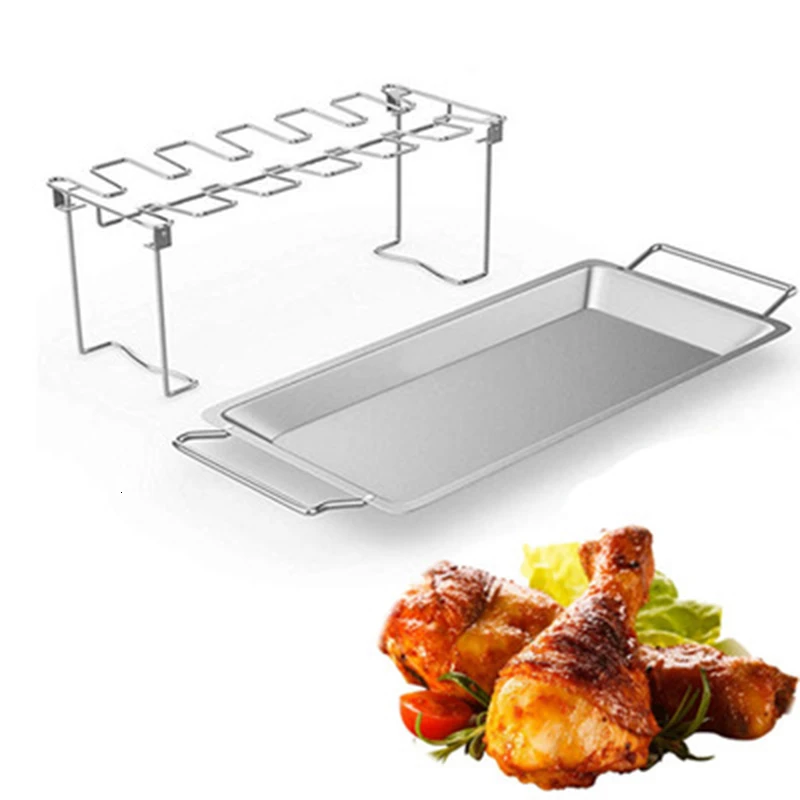 Günstig Edelstahl Huhn Flügel Bein Rack DIY Familie Huhn Grill Halter Drip Pan BBQ Rib Rack Party Geflügel Bein Röster