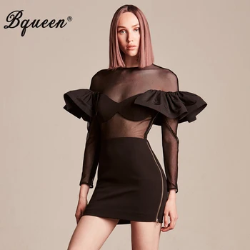 

Bqueen 2019 New Women Sexy Bandage Dress Black Long Sleeve O Neck Cascading Ruffles Party Club Mini Dress Fashion Hot