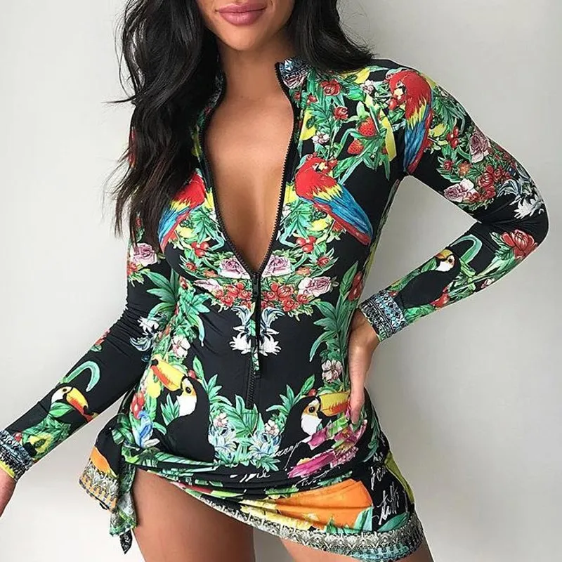 

Pop Tide Nice Fashion Sheath Bird Floral Print Mini Dress Women Office Long Sleeve Zipper Sexy Elegant Dress