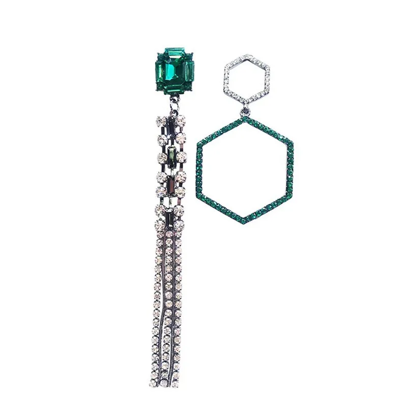

S925 Korean Simple Asymmetric Long Tassel Crystal Drop Earrings Geometric Green Luxury Bangle Earring for Women Fashion Jewelry