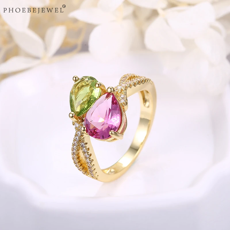PHOEBEJEWEL золотые цветные кольца на палец с 2 вида цветов CZ камень для женщин День