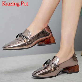 

Krazing Pot big szie fashion metal genuine leather leisure lace up loafers shoes square toe med heels slip on women pumps L3f3