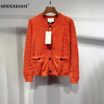 

SPENNEOOY Designer Custom Runway Autumn Women Orange Knitting Cardigans Tops Ladies Long Sleeve Button Streetwear Shirt Tops
