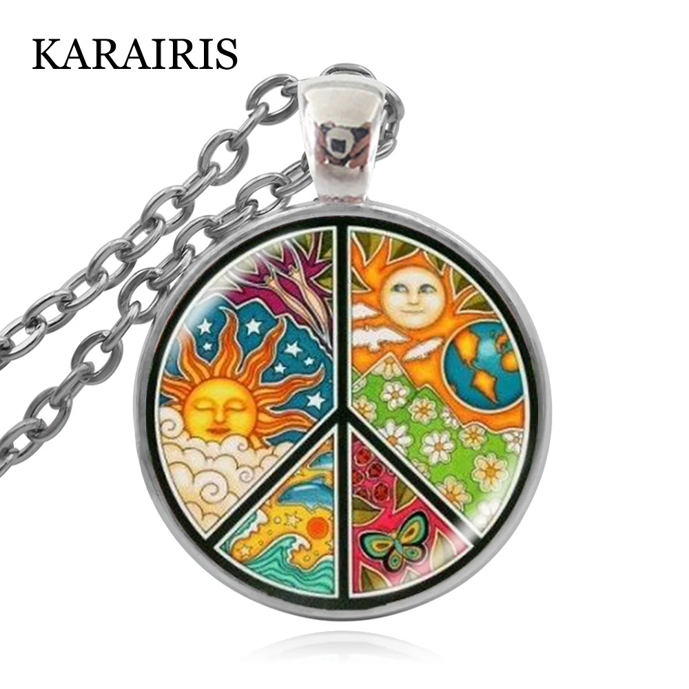 Ожерелье KARAIRIS с круглой подвеской в виде символа любви и мира 25 мм стеклянный