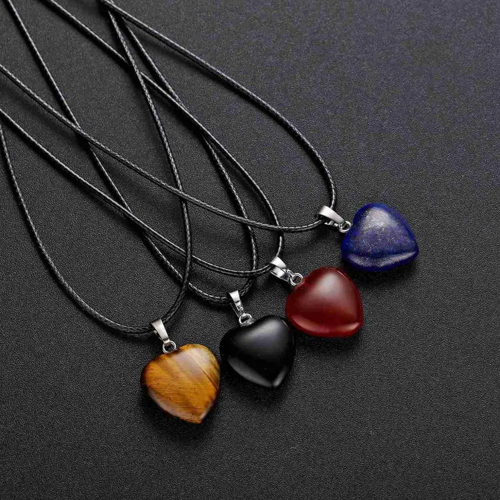Ожерелье с подвеской в виде сердца из натурального камня 45 см черный кожаный шнур