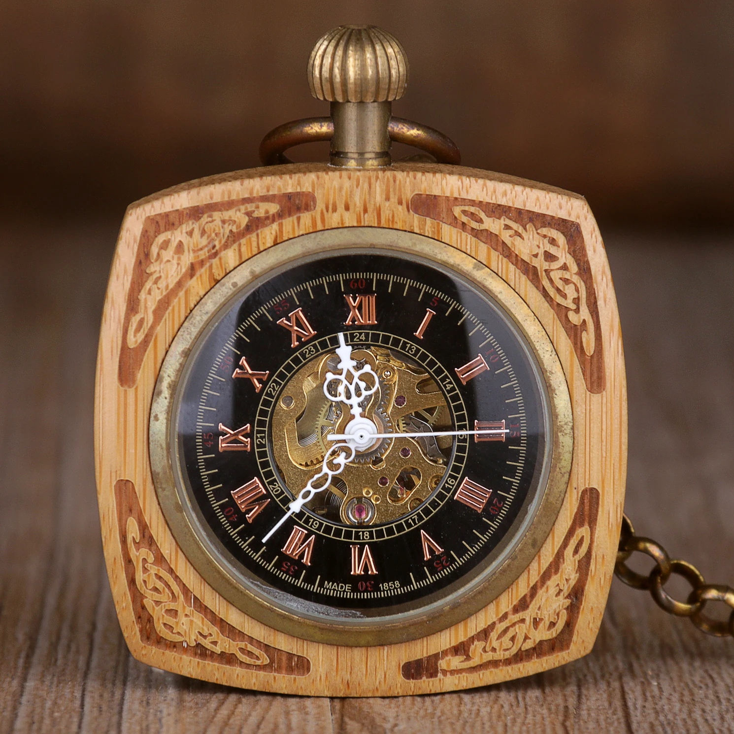 

5pcs/lot Vintage Wooden Square Mechanical Pocket Watch Men women Jewelry Pendant Watch FOB Chain for Men Women