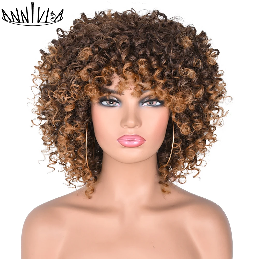 Short Hair Afro Kinky Curly Wigs With Bangs For Black Women Blonde Mixed Brown Synthetic Cosplay African Wigs Heat Resistant
